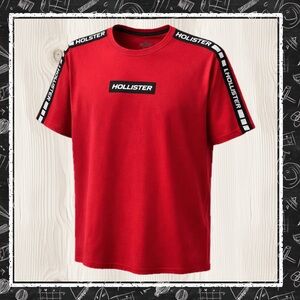 Hollister Logo Tape T-Shirt Red Streetwear Cotton Tee Sleeve Logo Mens XL